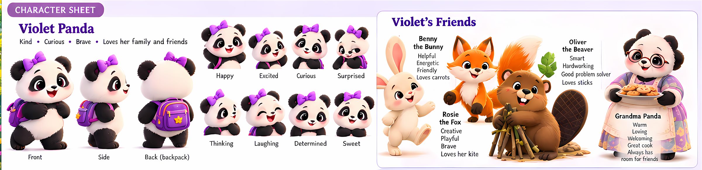 Violet Panda and her friends Benny the Bunny, Rosie the Fox, Oliver the Beaver and Grandma Panda